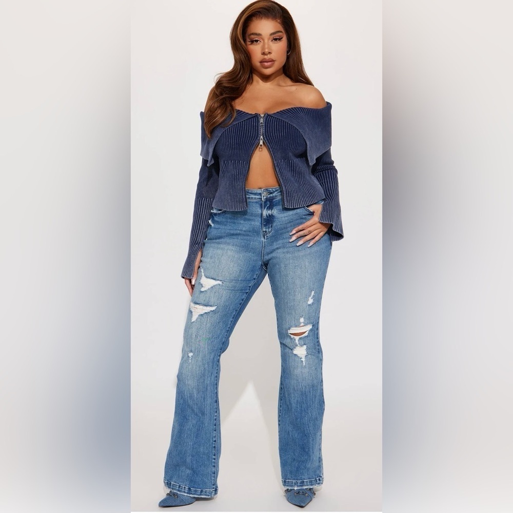 Fashion Nova Marley Ripped Compression Flare Jeans -Medium Wash
